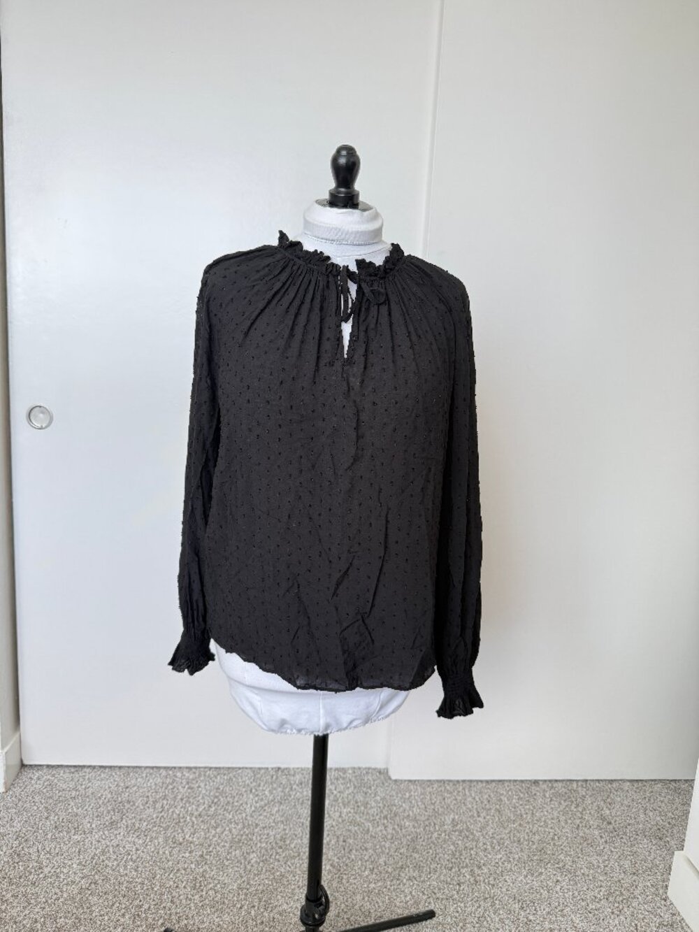 Black tie-neck peasant blouse